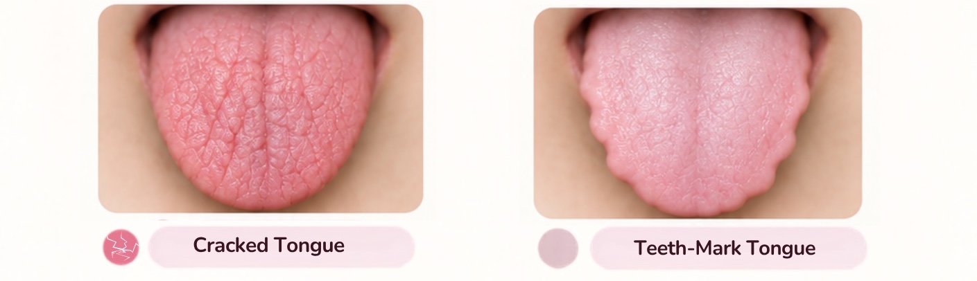 Two tongue photos side by side: a cracked tongue and a tooth-marked tongue
